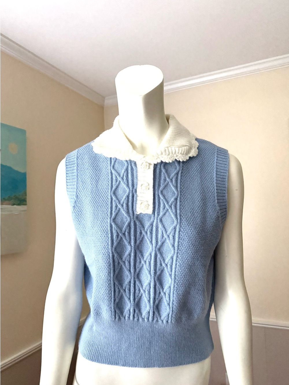Cider Light Blue Knit V-Neck Sweater Vest with Cream Collar